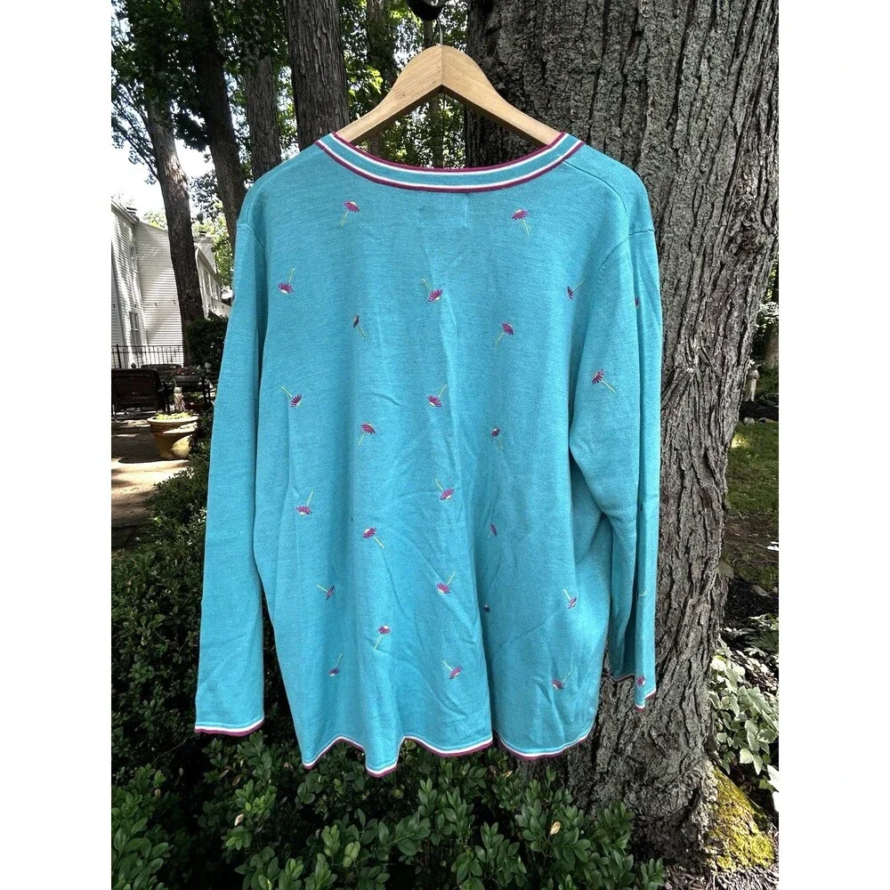 Quacker Factory Cardigan Sweater Size 1x Daisy Floral Embroidery Blue Pink Silk